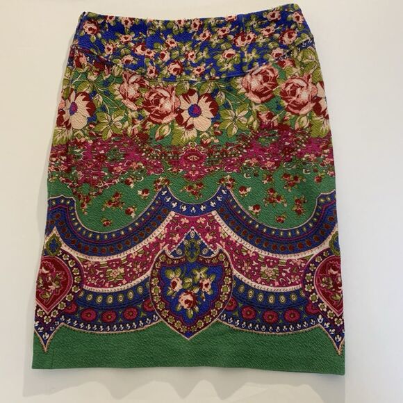 Anthropologie Maeve Sheffield Textured Skirt 4 Blue Pink Floral Straight Pencil - Picture 2 of 10